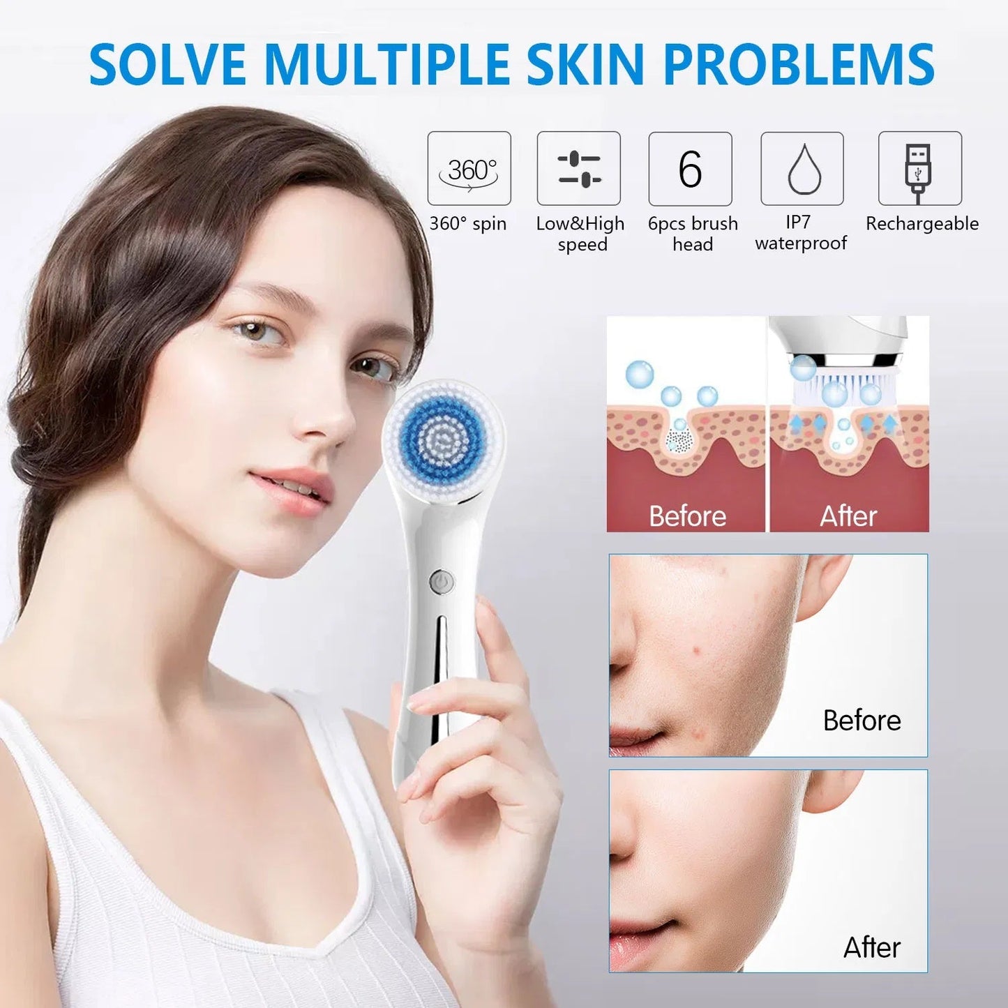 Gesichtsbürste, Bürste zum Peeling, IPX7 wasserdicht 3 in 1